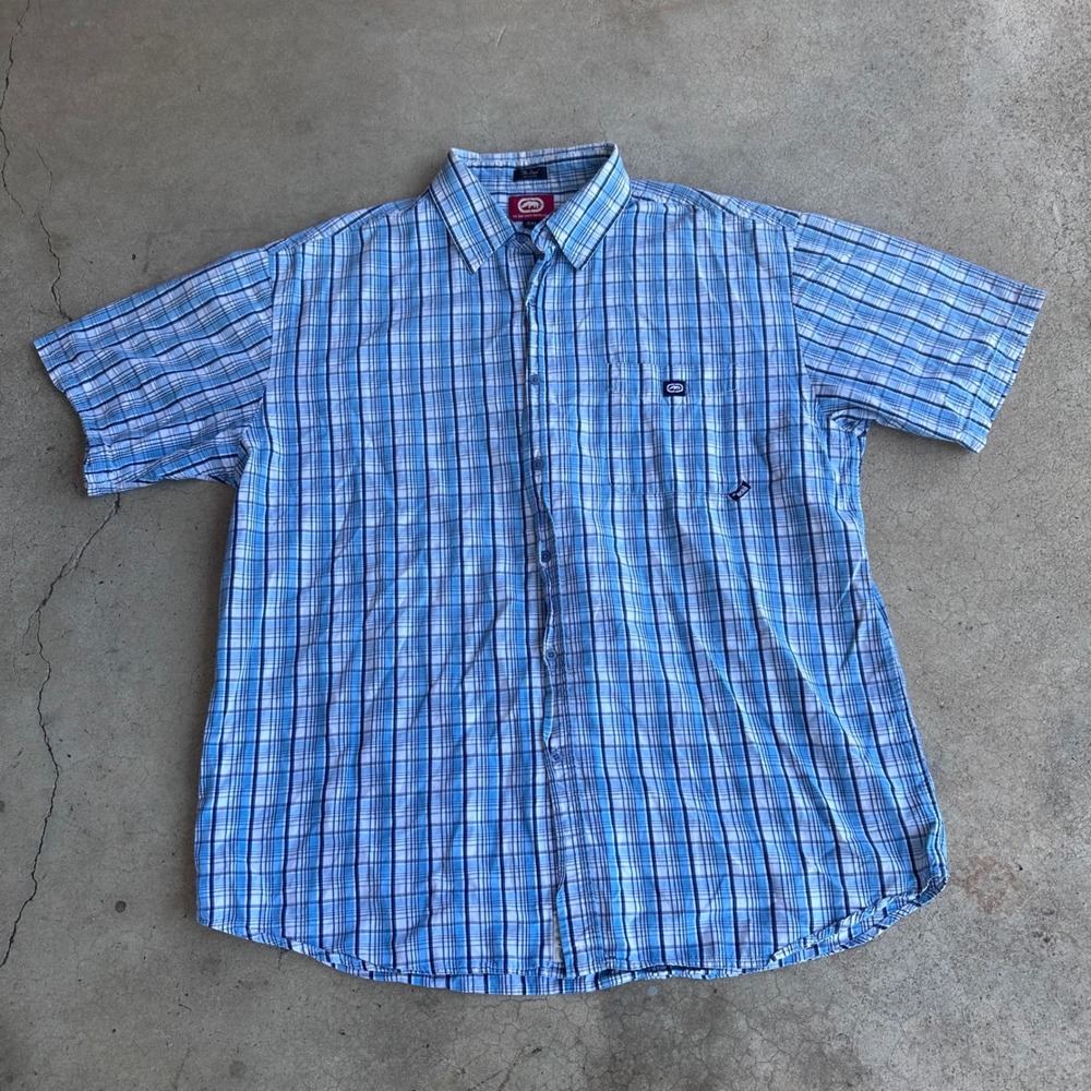 Ecko Unltd Button Down Shirt Mens XXL Blue Excellent Plaid Short Sleeve Woven